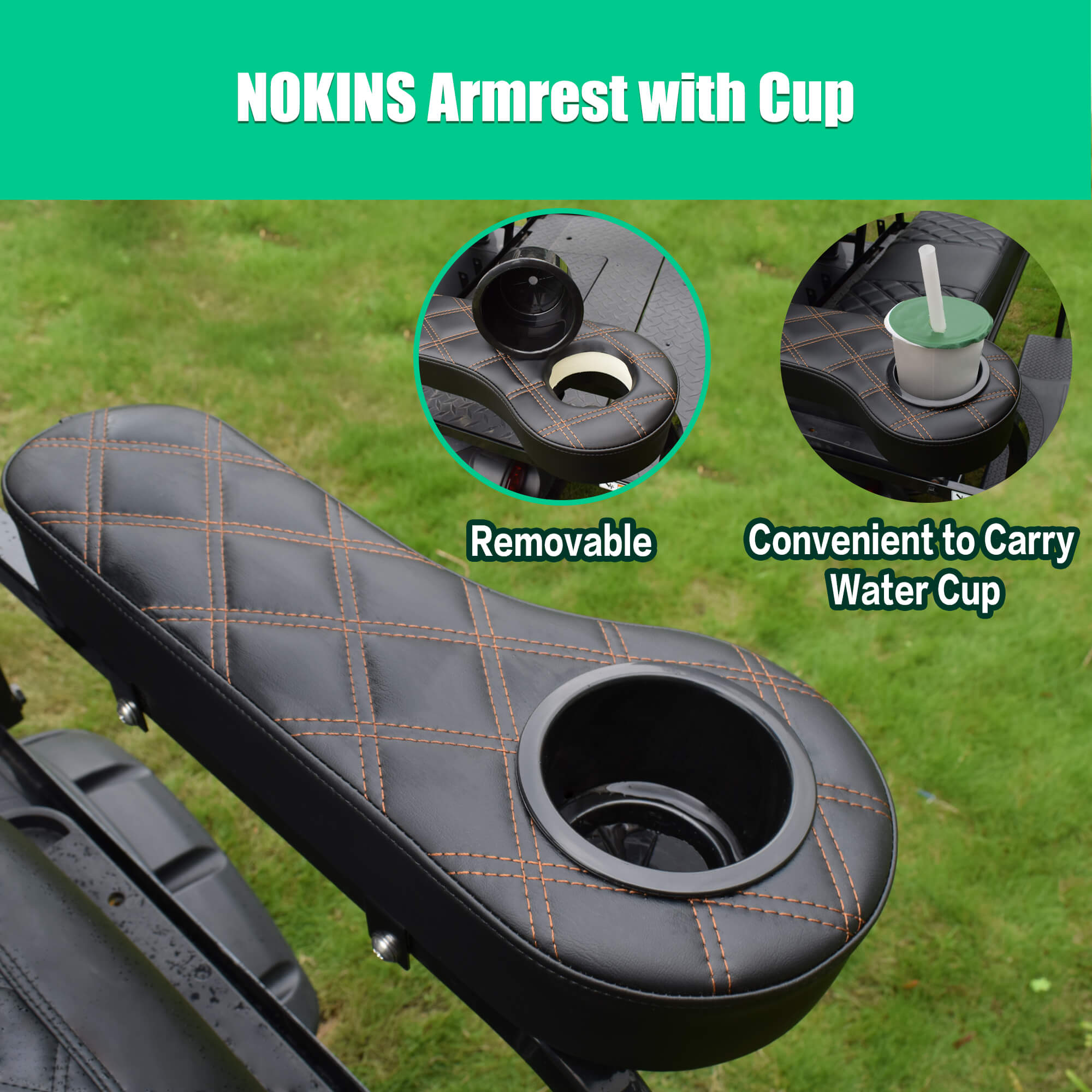 NOKINS Golf Cart Armrest with Cup Holder | No Drilling, Stainless Steel | Fits 1" Square Tube, EZGO/Club Car/Yamaha | Diamond Black