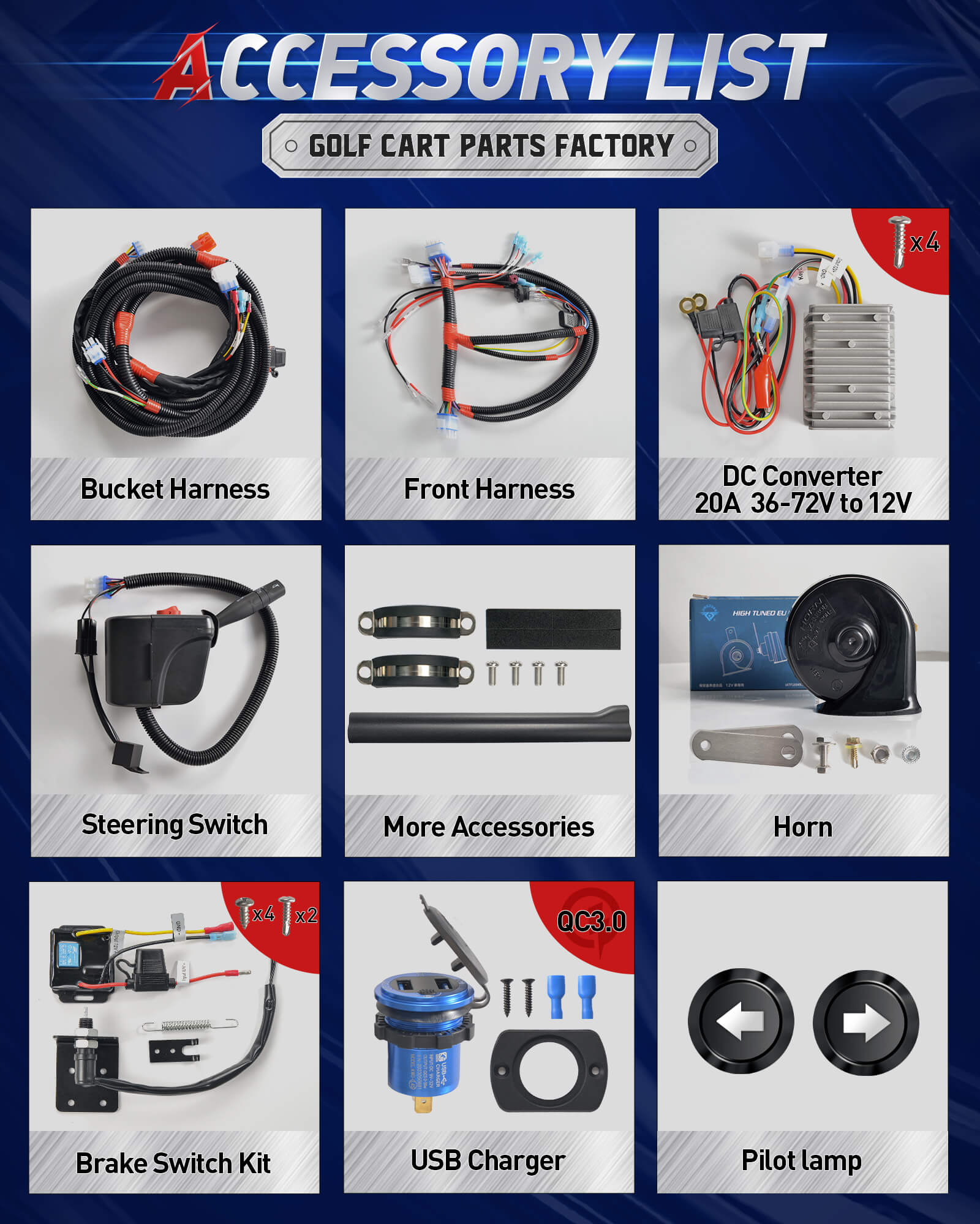 NOKINS Club Car Tempo LED Light Kit | Deluxe Headlights (Low/High Beam) | QC3.0 USB, Scanning Turn Signals, 20A Converter